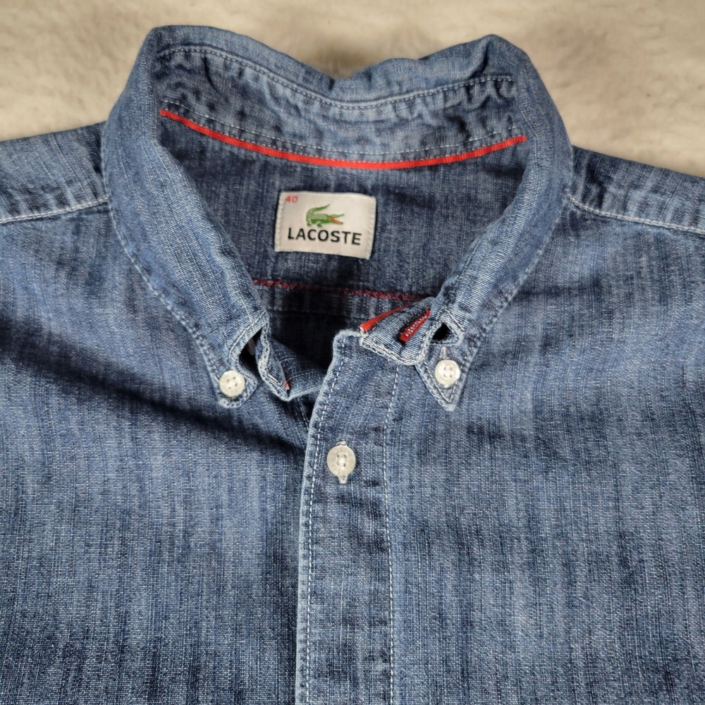 Lacoste Denim Shirt Mens Size 40 Blue Long Sleeve Button Down Crocodile Logo - Picture 9 of 9